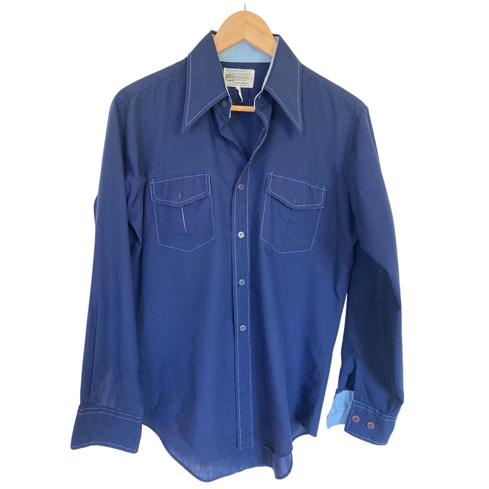 Vintage 70s Kmart Permanent Press Navy Blue Contrast Stitch‎ Point Collar Shirt